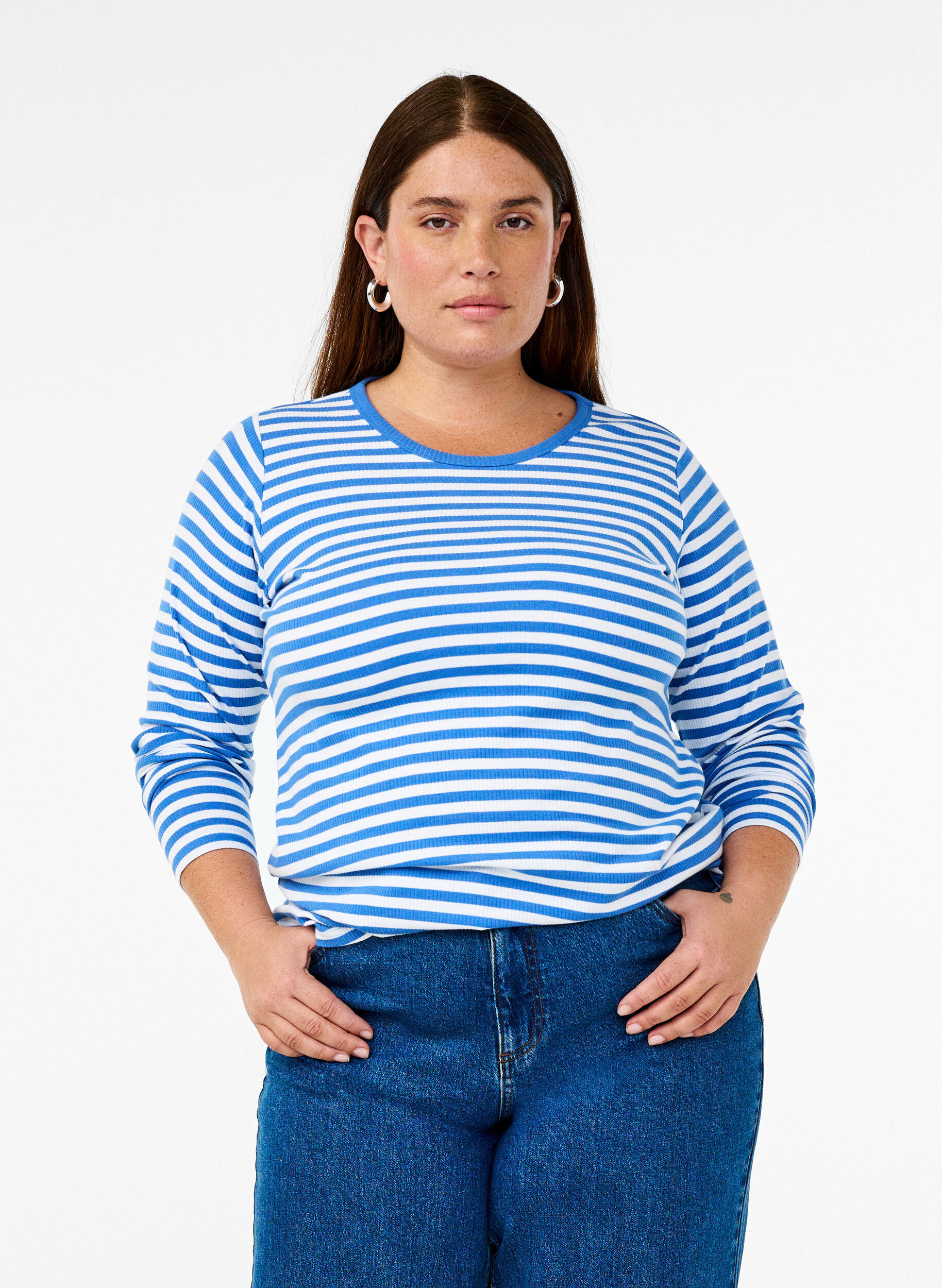ZizziGestreifte Bluse mit langen &Auml;rmeln, Blau, Model image number 0