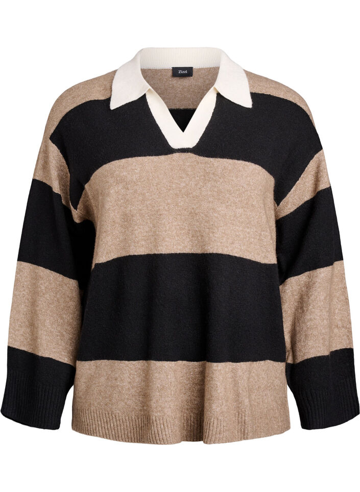 Strickbluse mit Kragen und V-Ausschnitt, Schwarz, Packshot image number 0