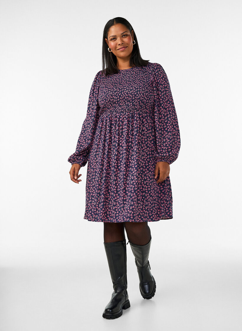Kleid mit gesmoktem Oberteil und kleingebl&uuml;mtem Muster, Blau, Model image number 1