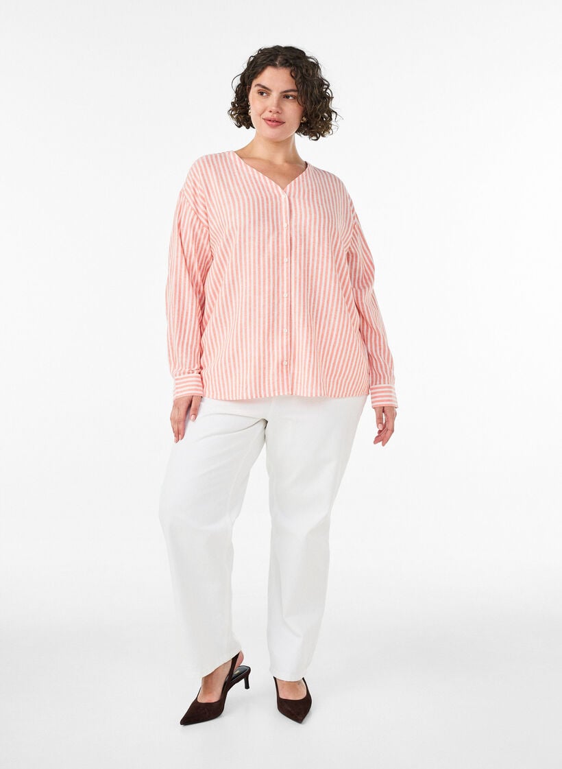 Bluse aus Leinen und Viskose mit V-Ausschnitt, Orange, Model image number 1