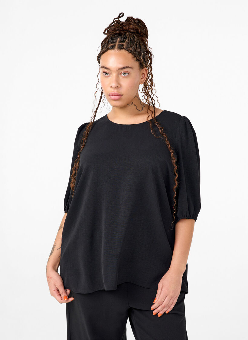 Bluse mit kurzem Arm und Schleife hinten, Black, Model image number 0