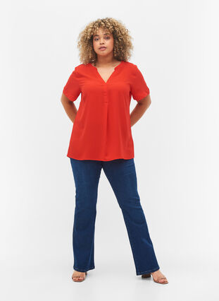 Kurzärmelige Bluse mit V-Ausschnitt, Fiery Red, Model image number 2