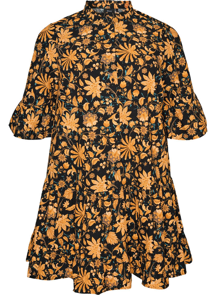 Gebl&uuml;mtes Kleid aus Baumwolle mit R&uuml;schendetails und lockerer A-Linien-Form, Orange, Packshot image number 0