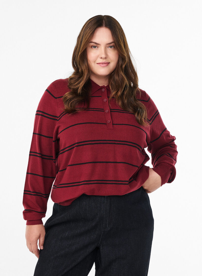 Strickbluse mit Kragen, Rot, Model image number 0