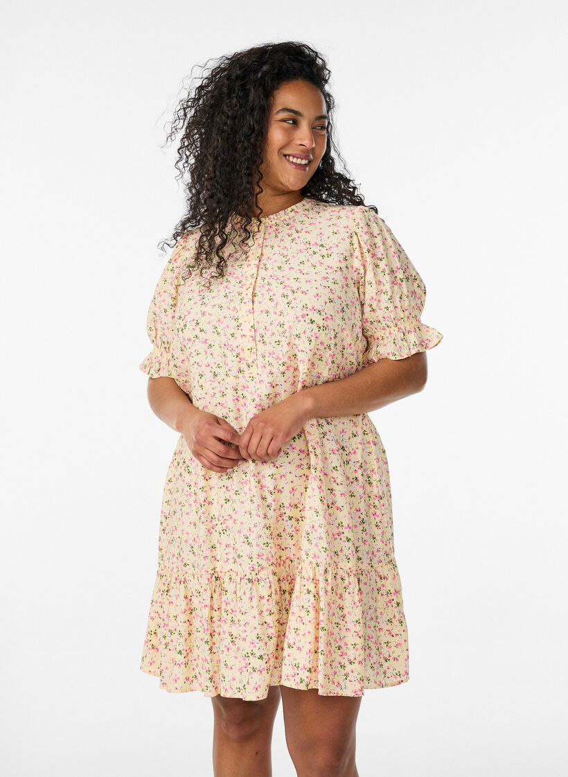 Kurzes Kleid aus Viskose mit R&uuml;schendetails, Gelb, Model image number 0