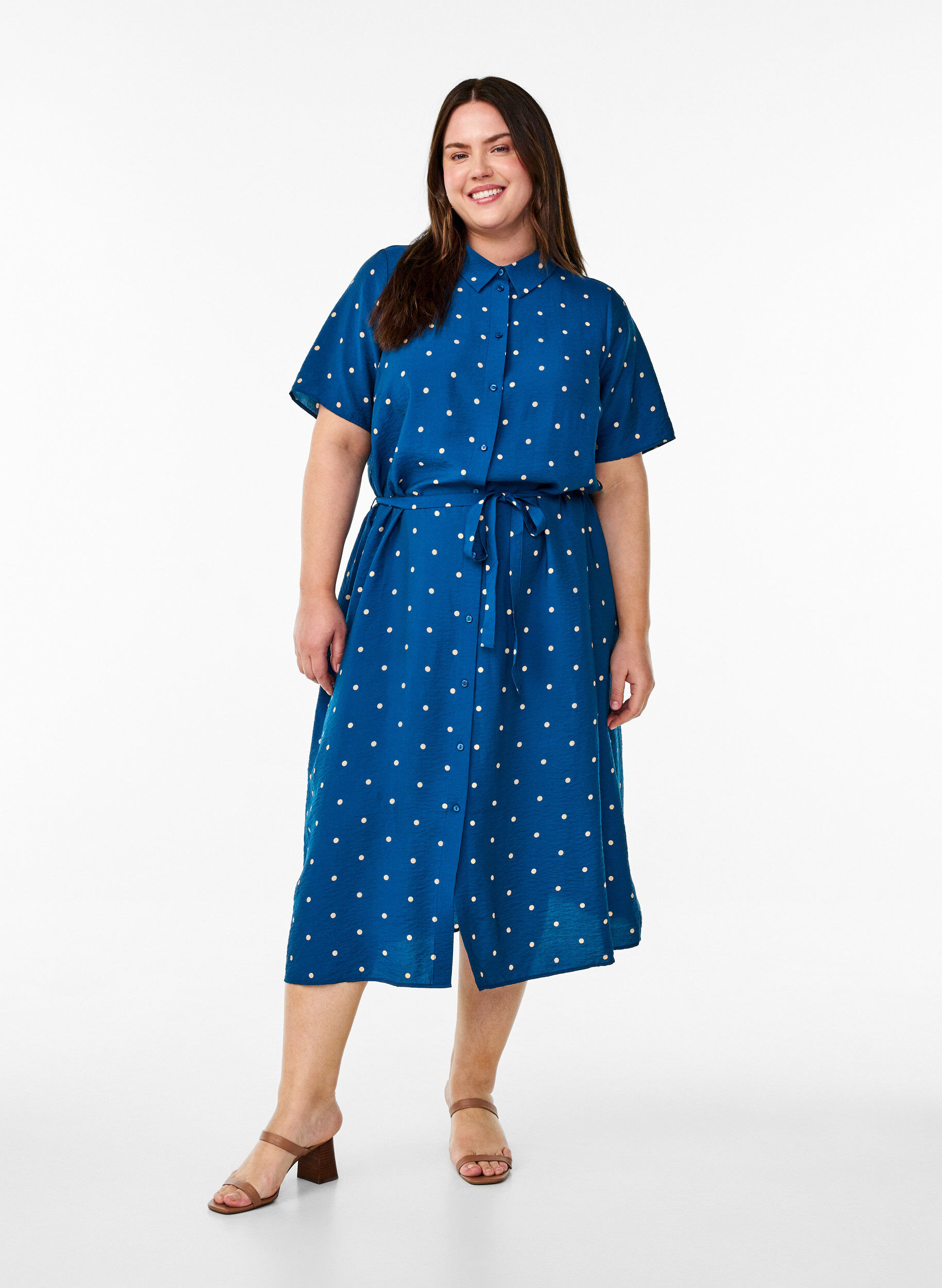 ZizziMidikleid aus Hemd mit Polka Dots, Blau, Model image number 1