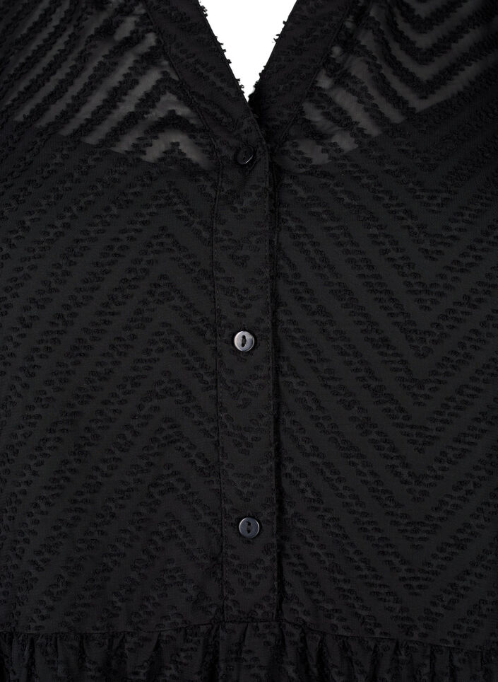 Strukturiertes kurzes Kleid mit R&uuml;schenkragen, Black, Packshot image number 2