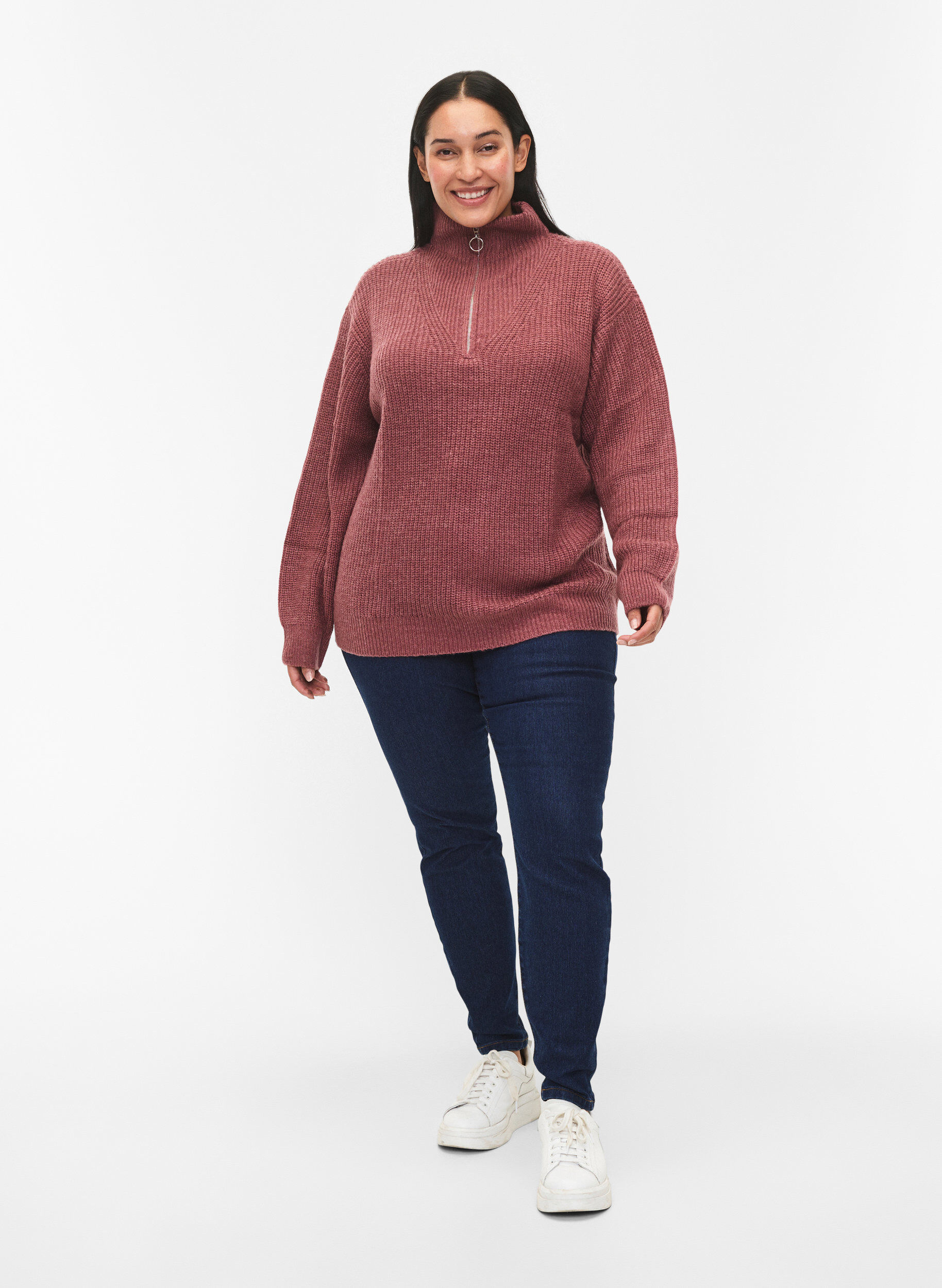 ZizziStrickpullover mit hohem Kragen und Rei&szlig;verschluss, Rot, Model image number 1
