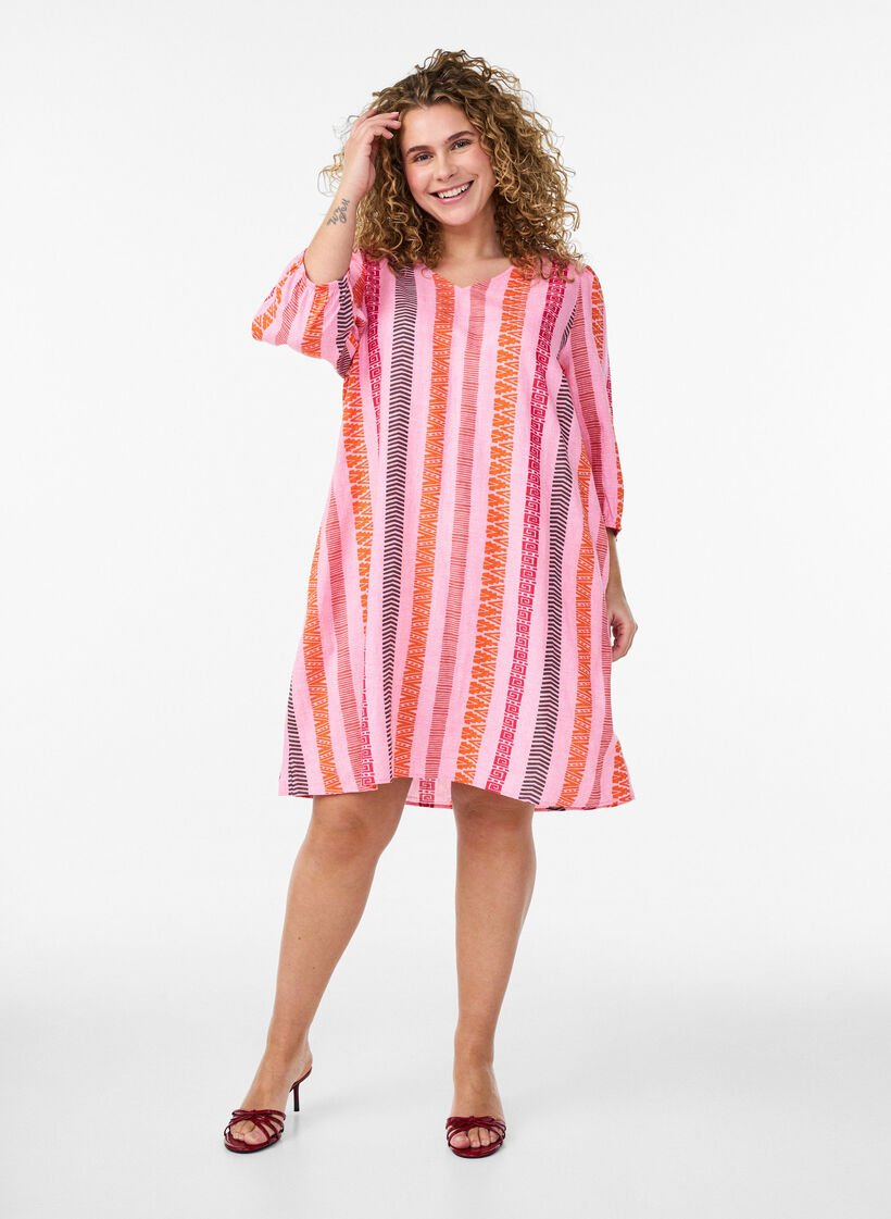 Kurzes Kleid aus Leinen und Viskose mit 3/4-&Auml;rmeln, Pink, Model image number 1