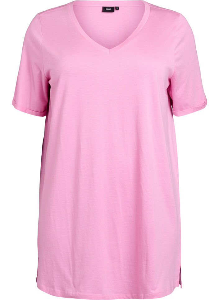 Einfarbiges Oversize T-Shirt mit V-Ausschnitt, Pink, Packshot image number 0