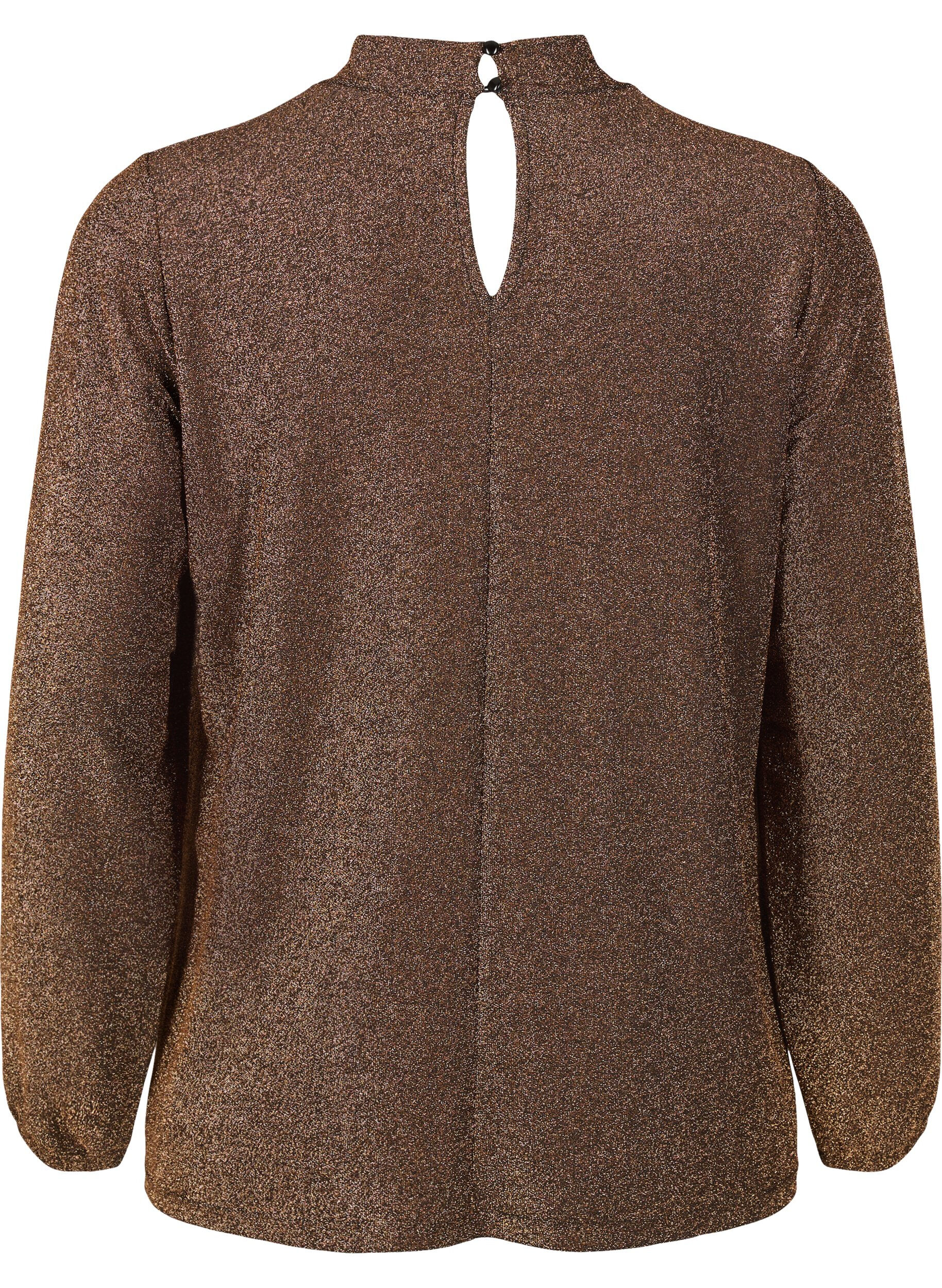 ZizziLang&auml;rmlige Glitzerbluse mit Rundhalsausschnitt und V-Detail, Black Copper, Packshot image number 1