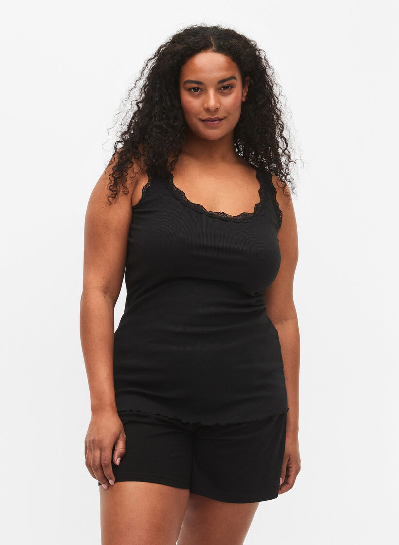 Top mit Spitzensaum, Schwarz, Model image number 0