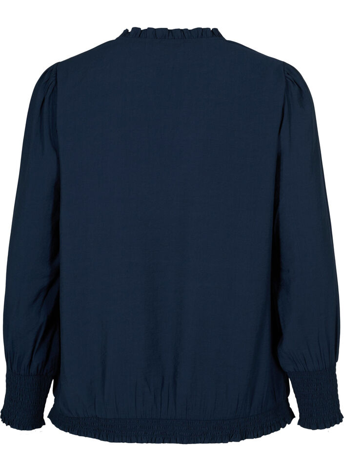 Viskosebluse mit langen Ärmeln und Smock, Navy Blazer, Packshot image number 1