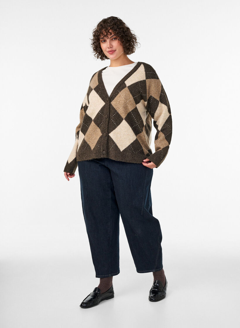 Argyle-Strickjacke mit Strasssteinen, Braun, Model image number 1