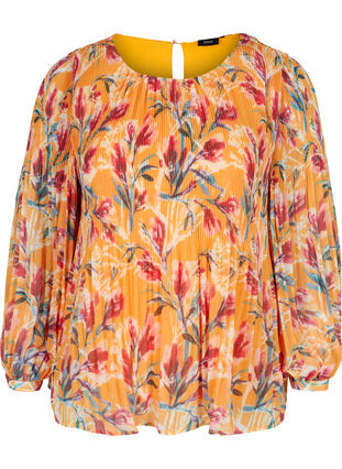 Bluse aus Plissee mit Blumenmuster, Cadmium Yellow AOP, Packshot image number 0