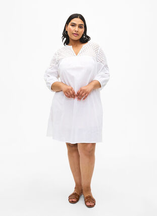Kleid aus einer Baumwollmischung mit Leinen und Häkeldetails, Bright White, Model image number 2