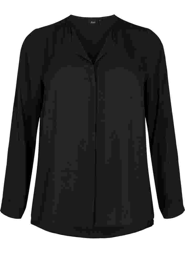 Unifarbenes Hemd mit V-Ausschnitt, Black, Packshot image number 0