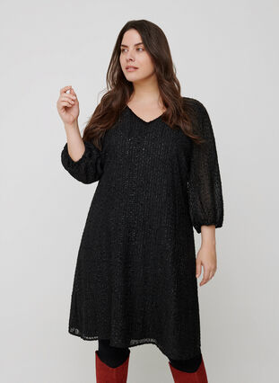 Kleid mit A-Linie und 3/4-Ärmeln, Black, Model image number 0