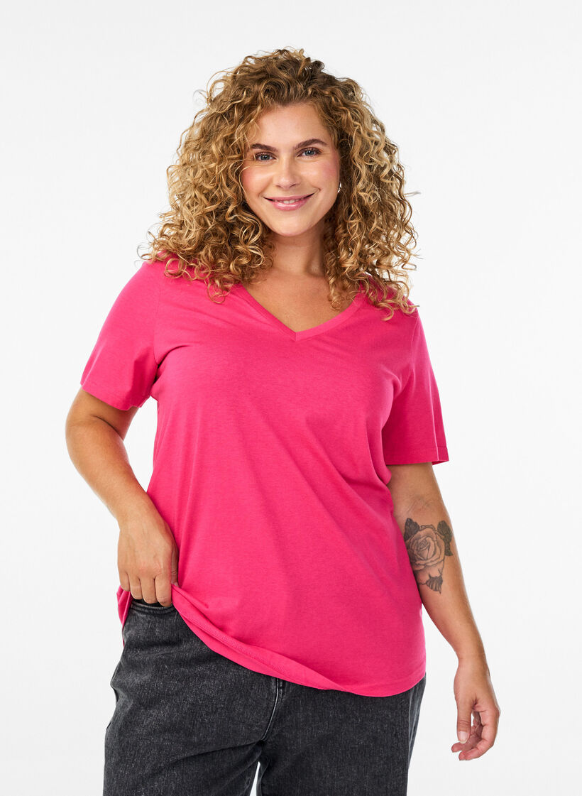 Kurzärmliges T-Shirt mit V-Ausschnitt, Pink, Model image number 0