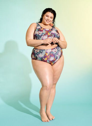 Hochtailliertes Bikiniunterteil mit Print, Deep Tropical Print, Image image number 0