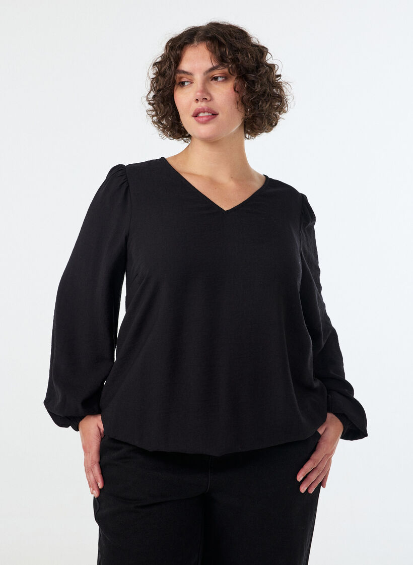 Viskosebluse mit V-Ausschnitt und Ballonform, Schwarz, Model image number 0