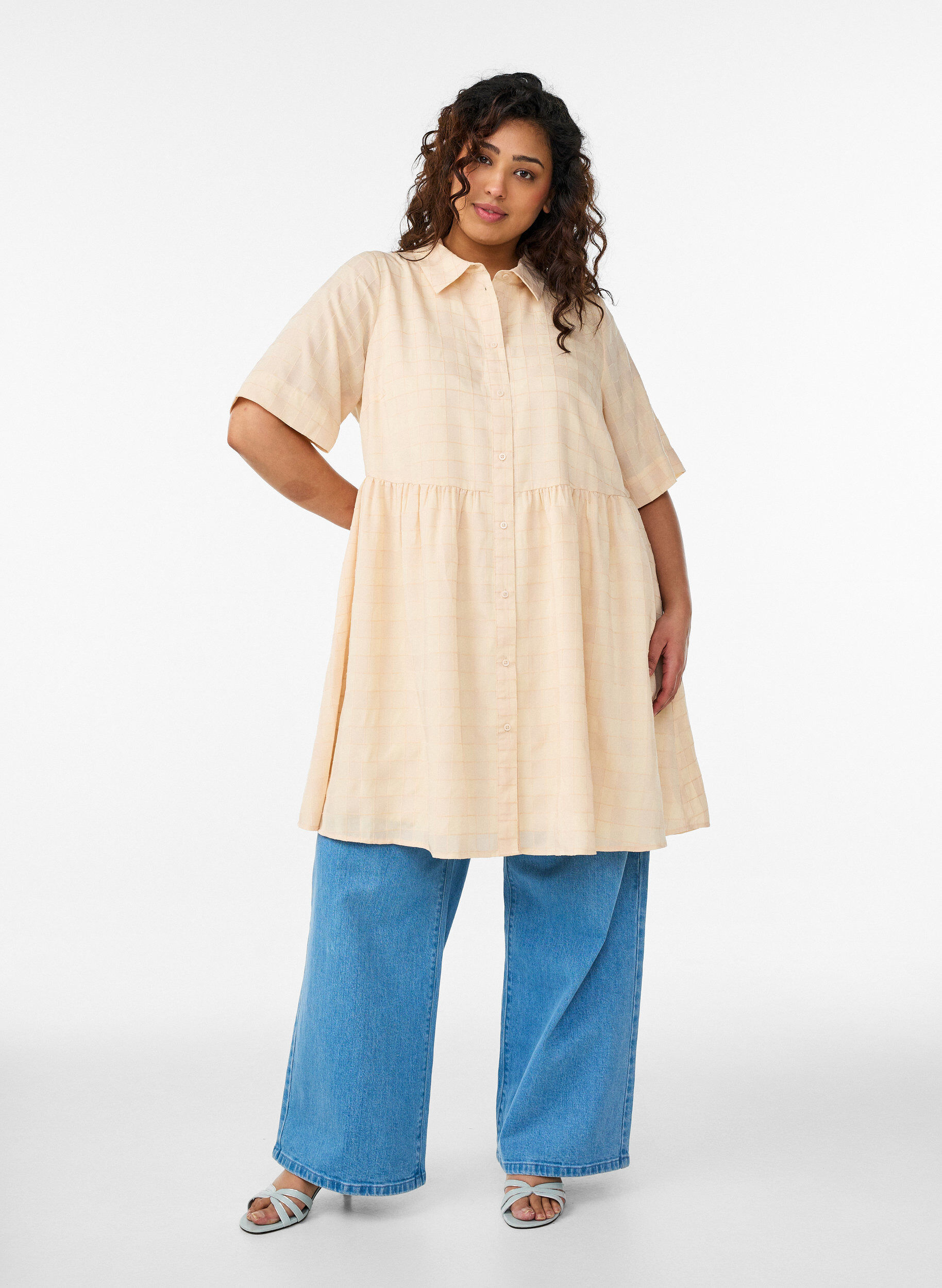 ZizziKurzes Hemdblusenkleid mit Karomuster und 1/2-&Auml;rmeln, Gelb, Model image number 1