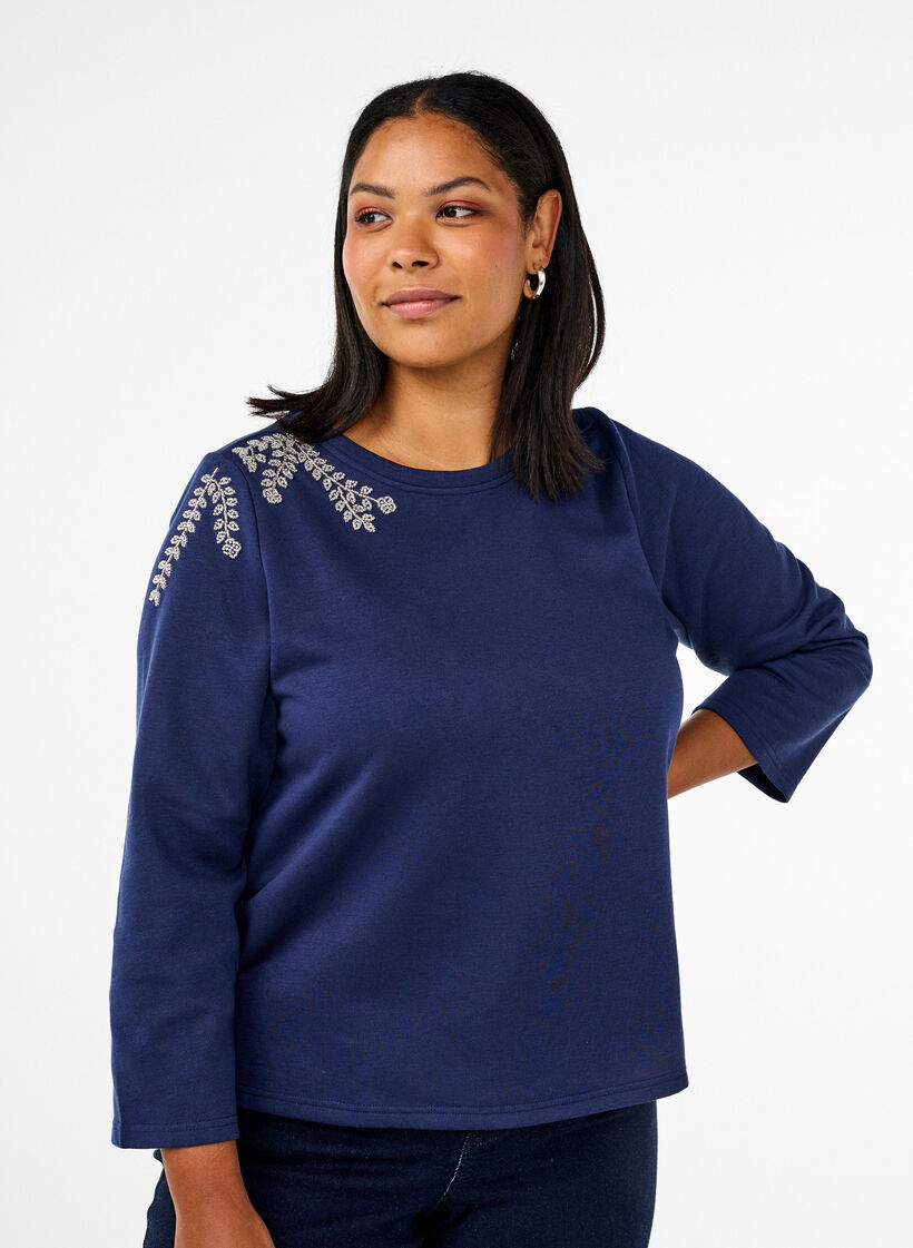 Kurzer Sweatshirt mit Perlendetails, Blau, Model image number 0