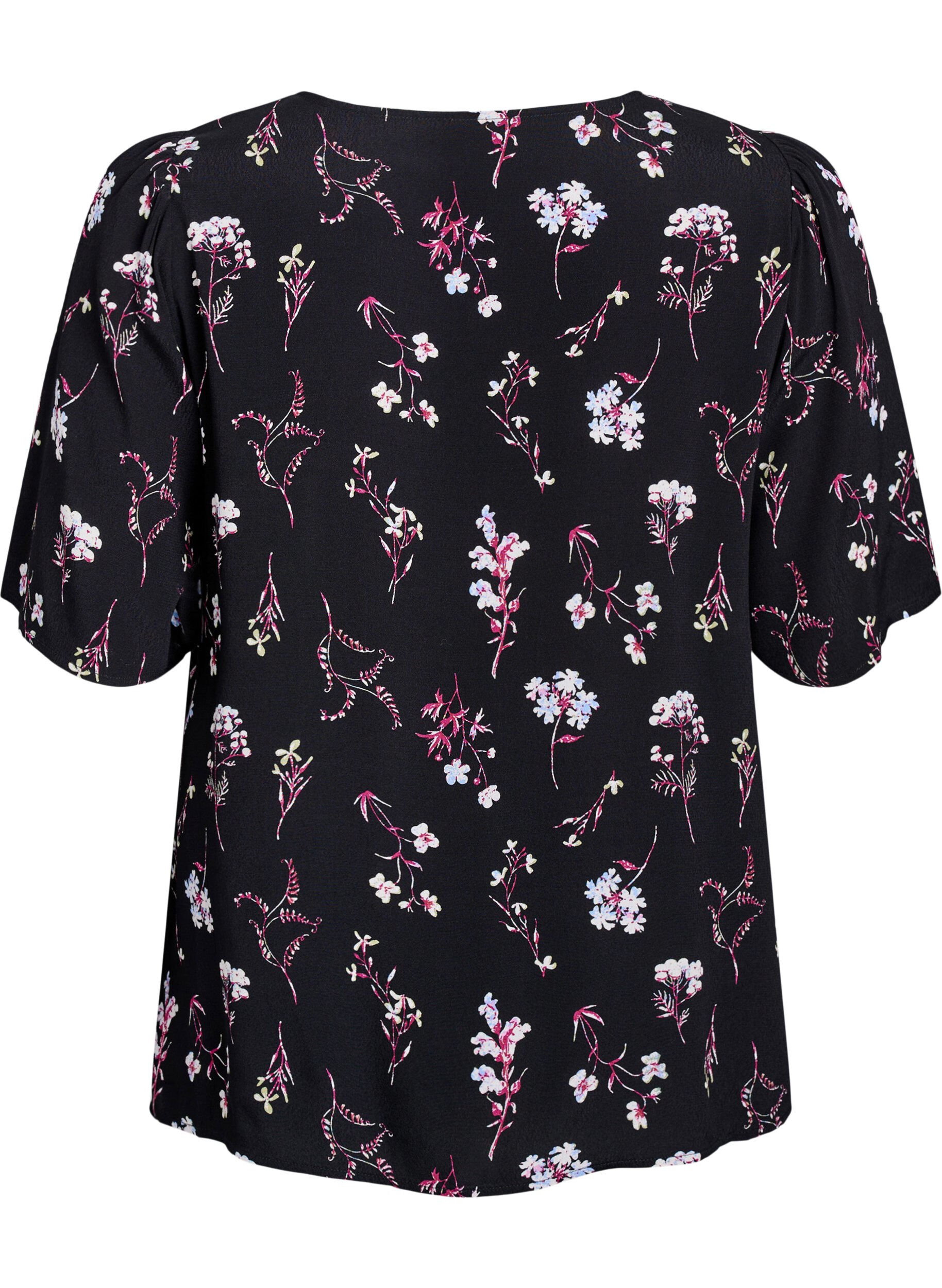 ZizziGebl&uuml;mte Bluse mit kurzen &Auml;rmeln, Schwarz, Packshot image number 1