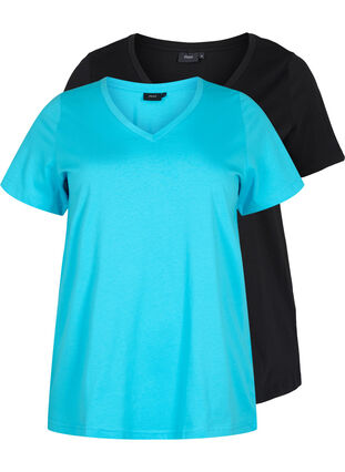 2er-Pack basic T-Shirts aus Baumwolle, Blue Atoll / Black, Packshot image number 0