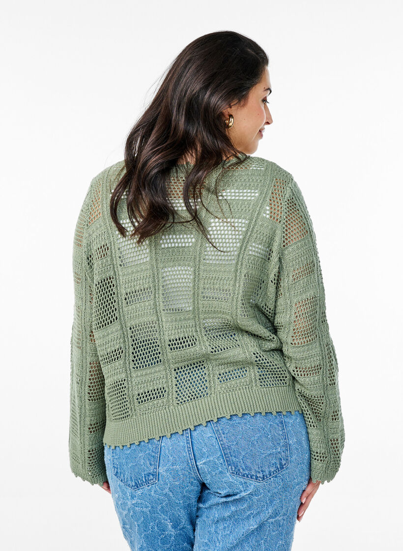 Strickjacke mit Bindebändern und Lochmuster, Grün, Model image number 2