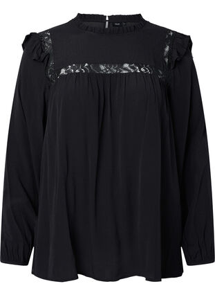 Bluse aus Viskose mit Rüschen und Spitze, Black, Packshot image number 0