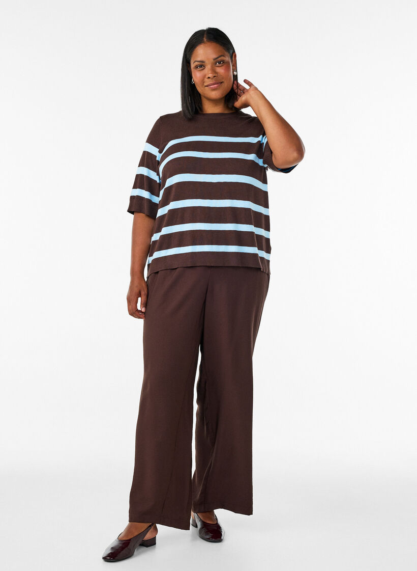 Gestreiftes Stricktop mit kurzen &Auml;rmeln, Braun, Model image number 1