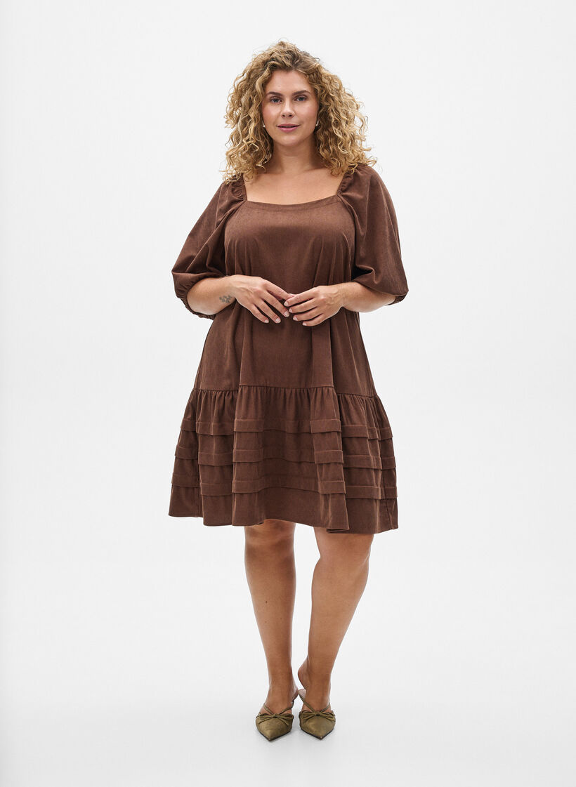 Kurzes Cordkleid mit eckigem Ausschnitt, Braun, Model image number 1