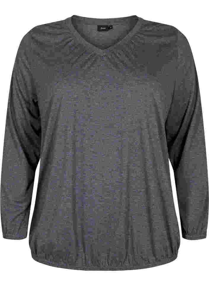 Melierte-Bluse mit langen Ärmeln und V-Ausschnitt, Dark Grey Melange, Packshot image number 0
