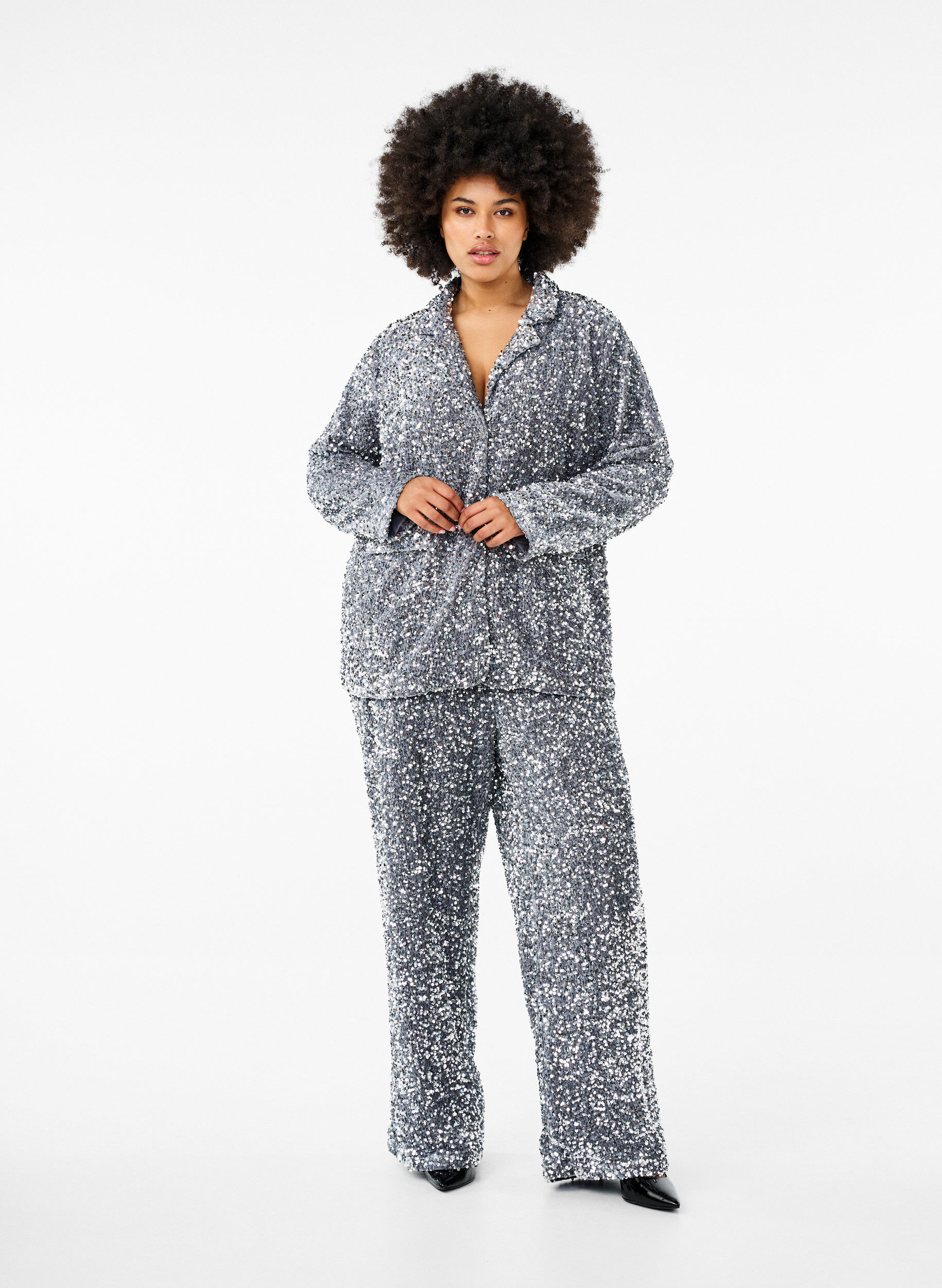 ZizziLockere Paillettenhose mit hohem Taillensitz, Silver, Model image number 0