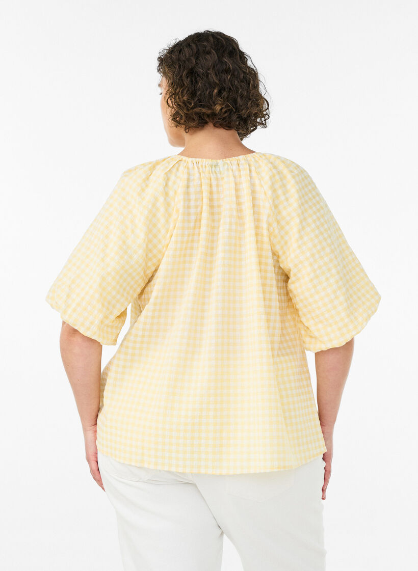 Bluse mit kleinem Karo, elastischem Ausschnitt und halblangen &Auml;rmeln, Gelb, Model image number 2