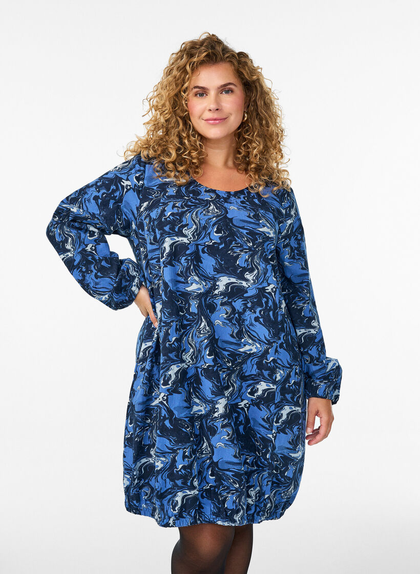 Kurzes Baumwollkleid mit Gummisaum und langen &Auml;rmeln, Blau, Model image number 0