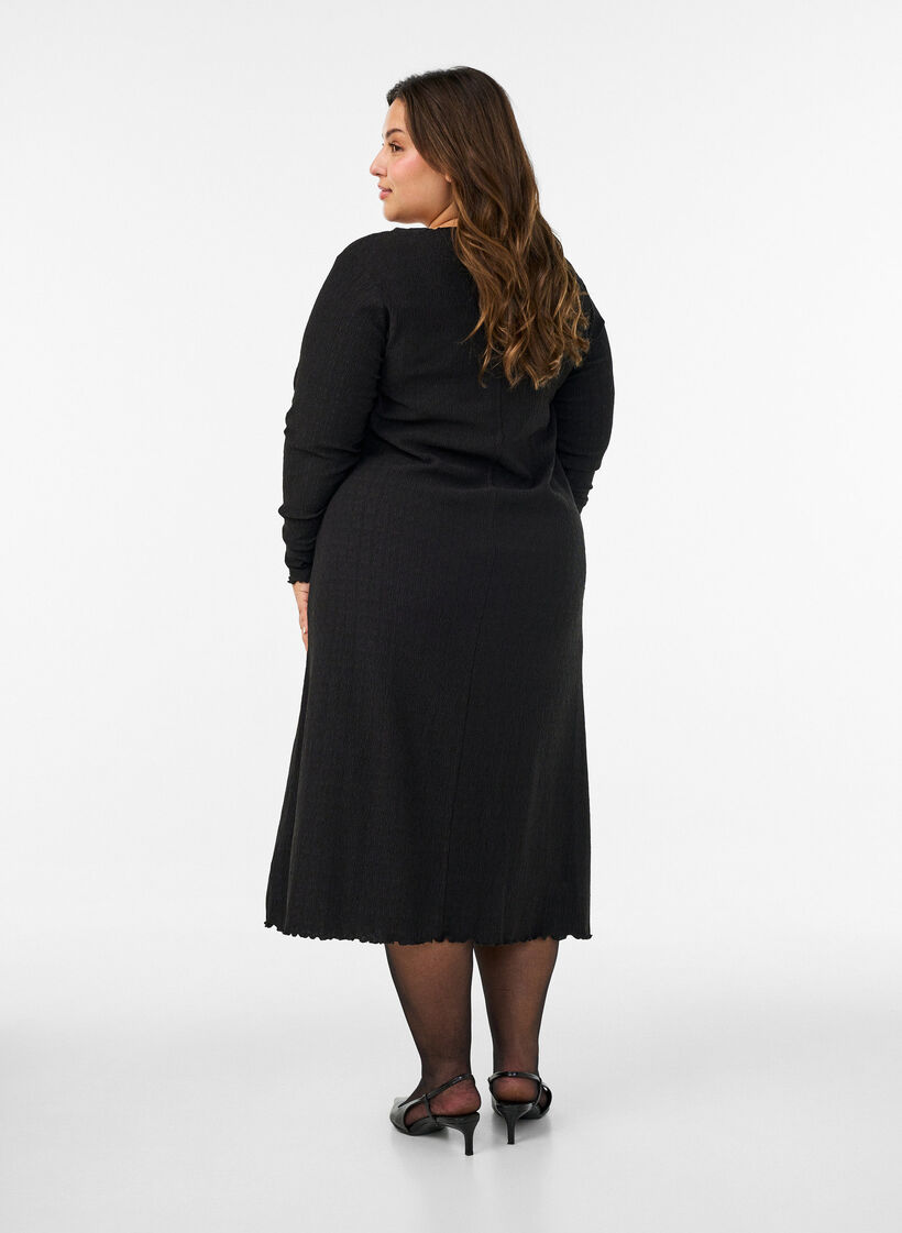 Midi-Kleid mit welliger Struktur und langen &Auml;rmeln, Schwarz, Model image number 2