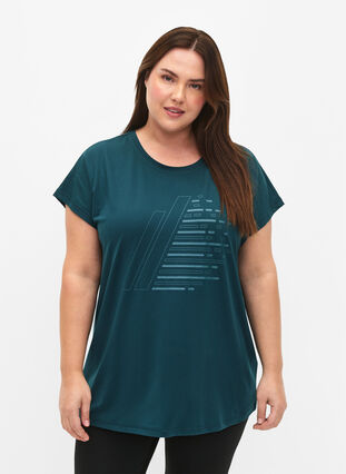 Trainingsshirt mit kurzen Ärmeln und Print, Deep Teal/Pacific, Model image number 0