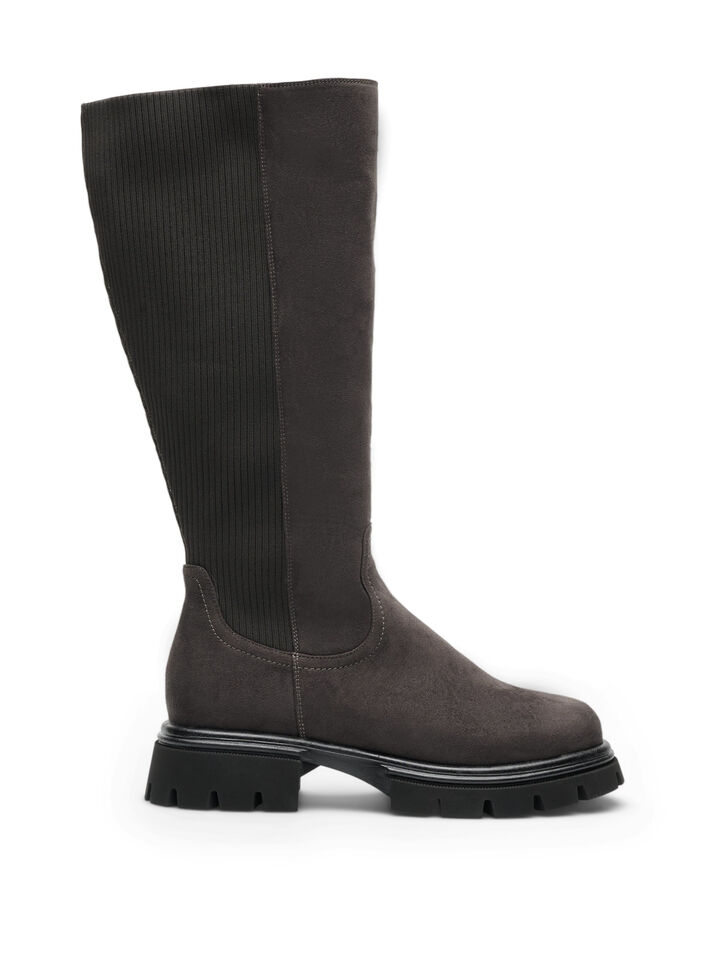 Hoher Stiefel aus Wildlederimitat mit gerippten Eins&auml;tzen, Braun, Packshot image number 0