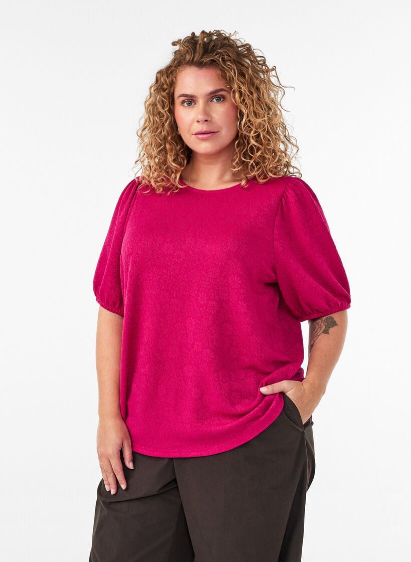 Bluse mit Struktur und kurzen &Auml;rmeln, Pink, Model image number 0