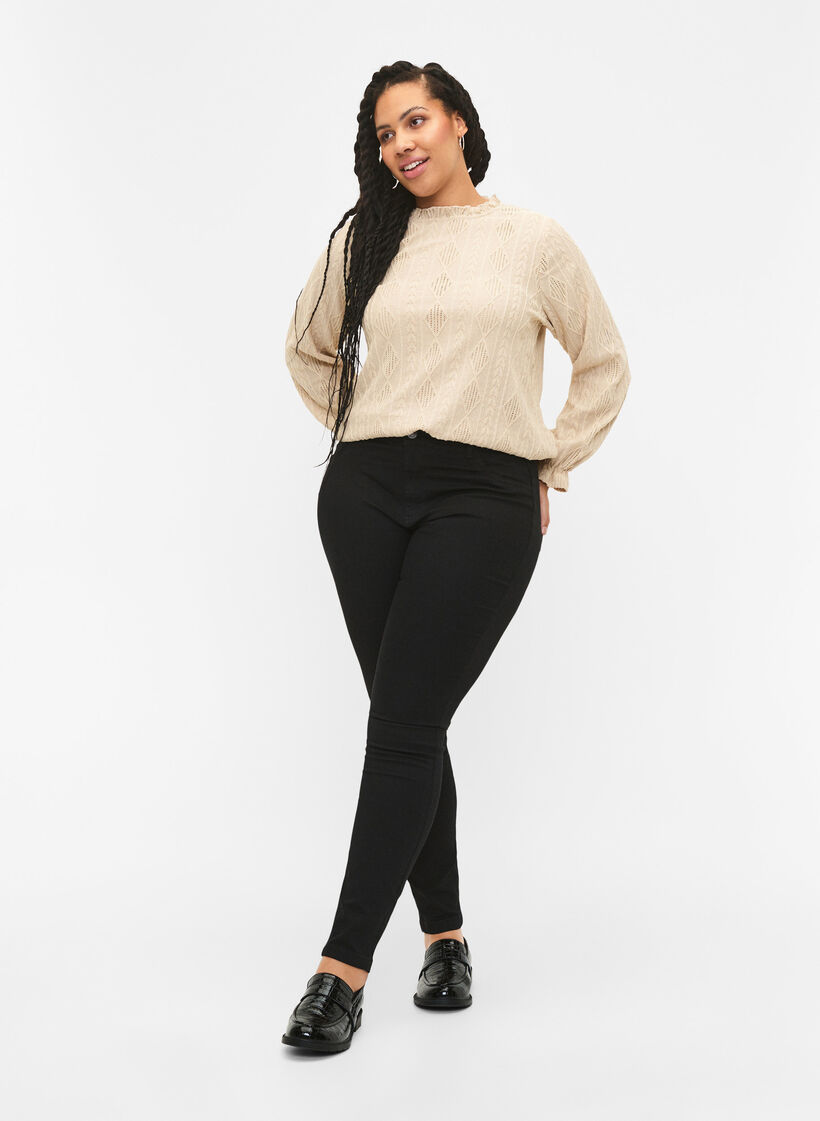 Bluse mit Rüschendetails und einem Ton in Ton gehaltenen Muster, Sand, Model image number 2