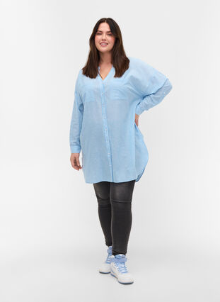 Gestreifte Hemdbluse aus 100% Baumwolle, Lichen Blue Stripe , Model image number 2