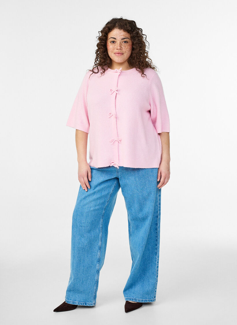 Kurz&auml;rmelige Strickjacke mit Schleifen, Pink, Model image number 1