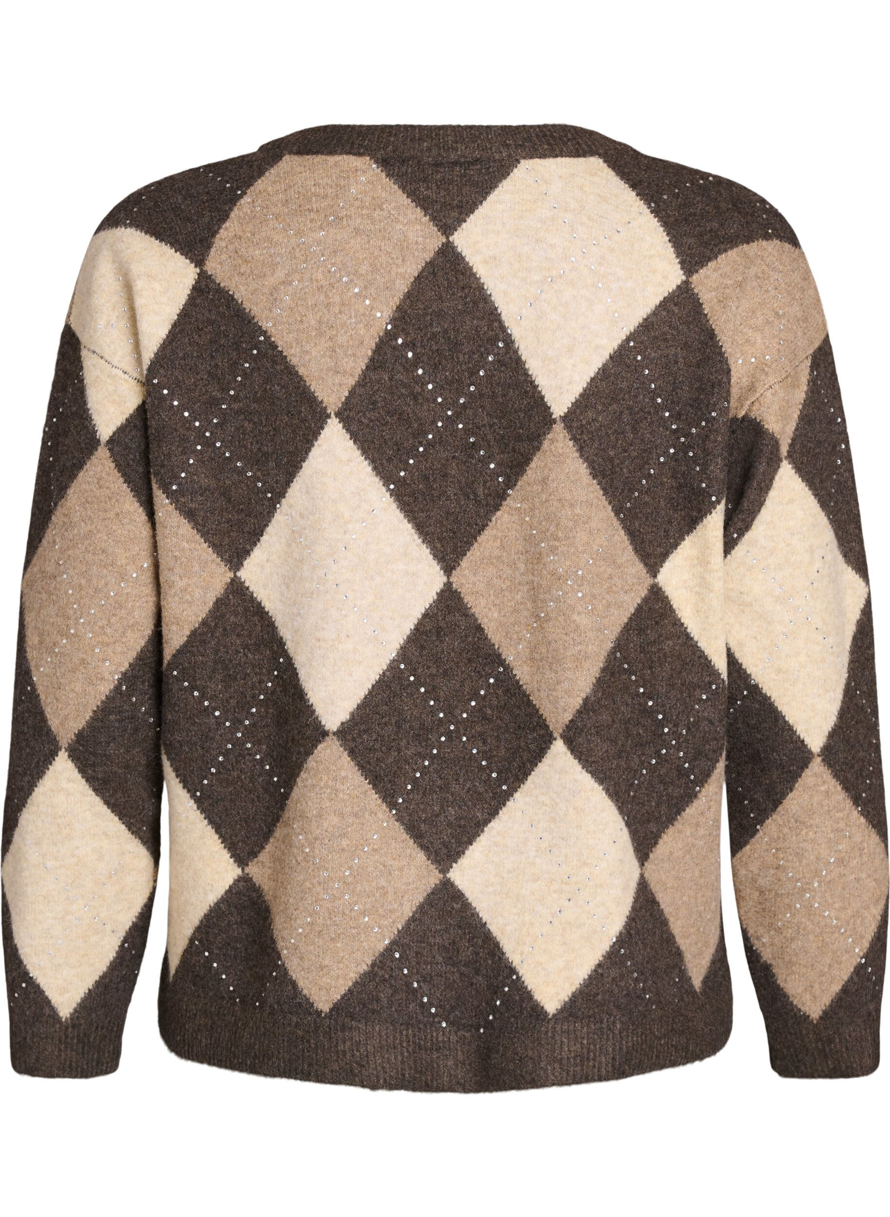 ZizziArgyle-Strickjacke mit Strasssteinen, Braun, Packshot image number 1