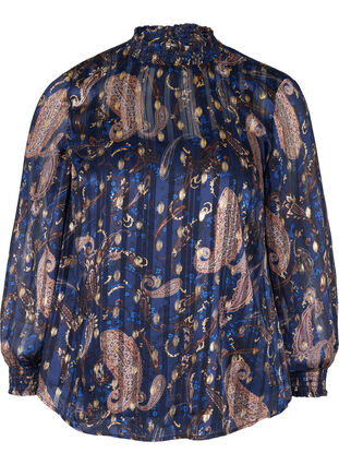 Bluse mit Print, hohem Kragen und Smock, Paisley Foil, Packshot image number 0