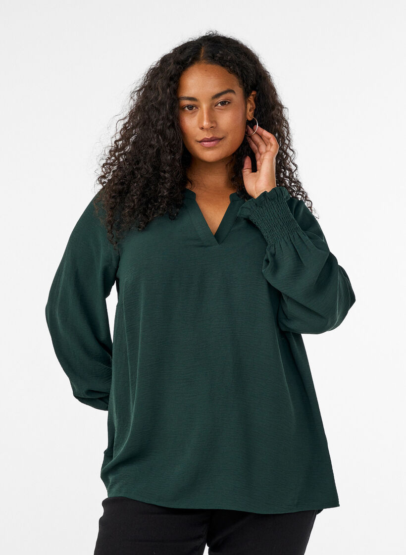 Bluse mit Smockb&uuml;ndchen und V-Ausschnitt, Gr&uuml;n, Model image number 0