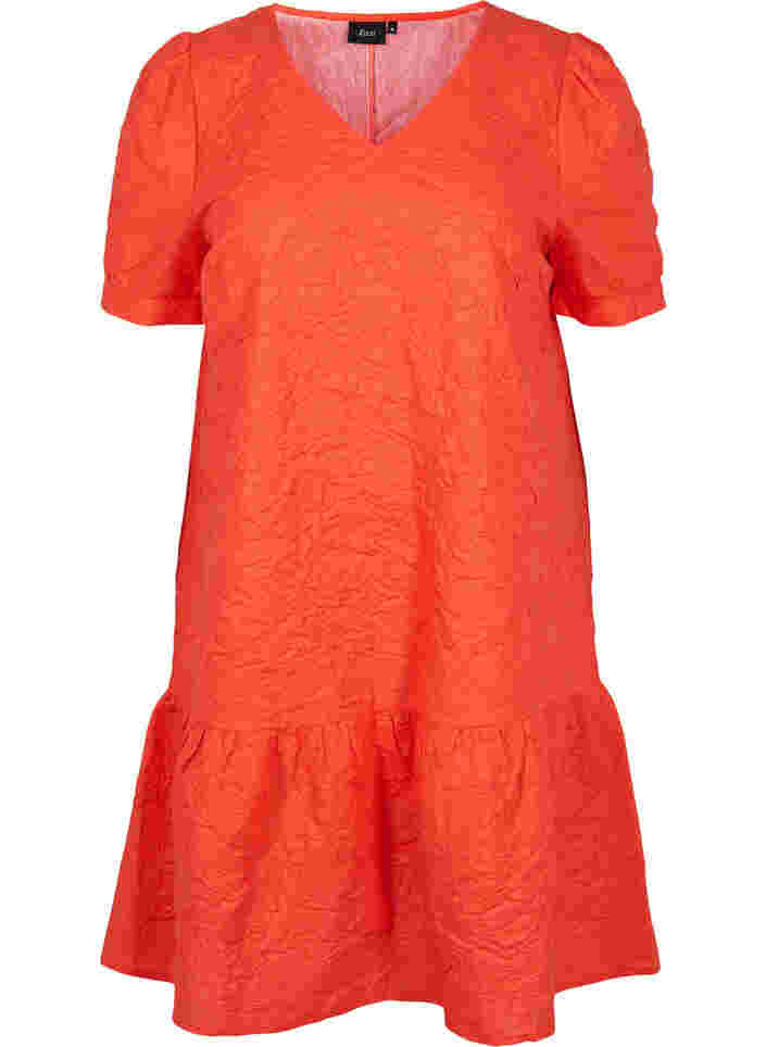 Strukturiertes Kleid mit kurzen Puffärmeln, Mandarin Red, Packshot image number 0
