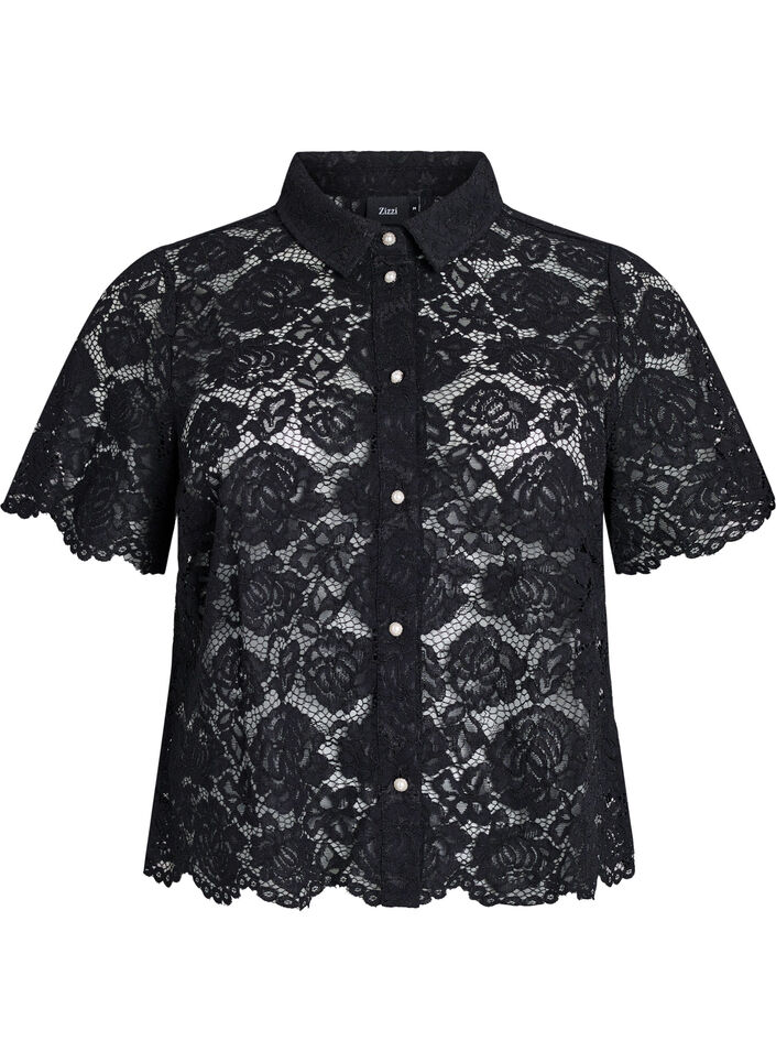 Spitzen blusenshirt mit perlenkn&ouml;pfen, Schwarz, Packshot image number 0