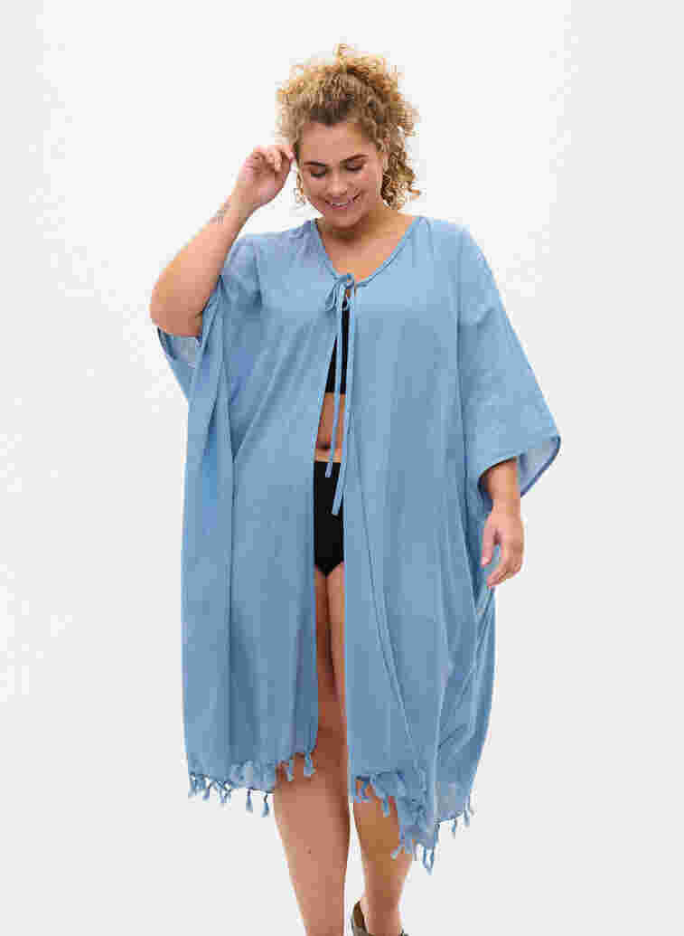 Strand-Kimono mit Fransen, Light Blue, Model